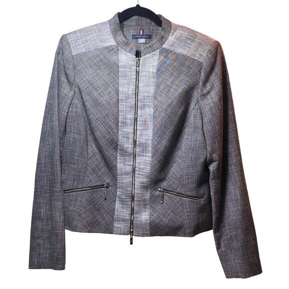 Tommy Hilfiger Tweed Gray Blazer Jacket Womens Size 12 Zipper Pockets Lined - Picture 1 of 13